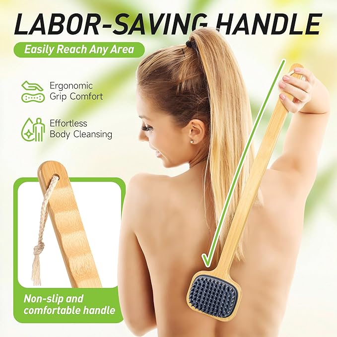 Back Scrubber for Shower, 21.65'' Long Handle Double-Sided Silicone Shower Bath Brush, Bamboo Body Exfoliator for Bath/Dry Brush/Massage/Back Scratching, Gift for Elderly