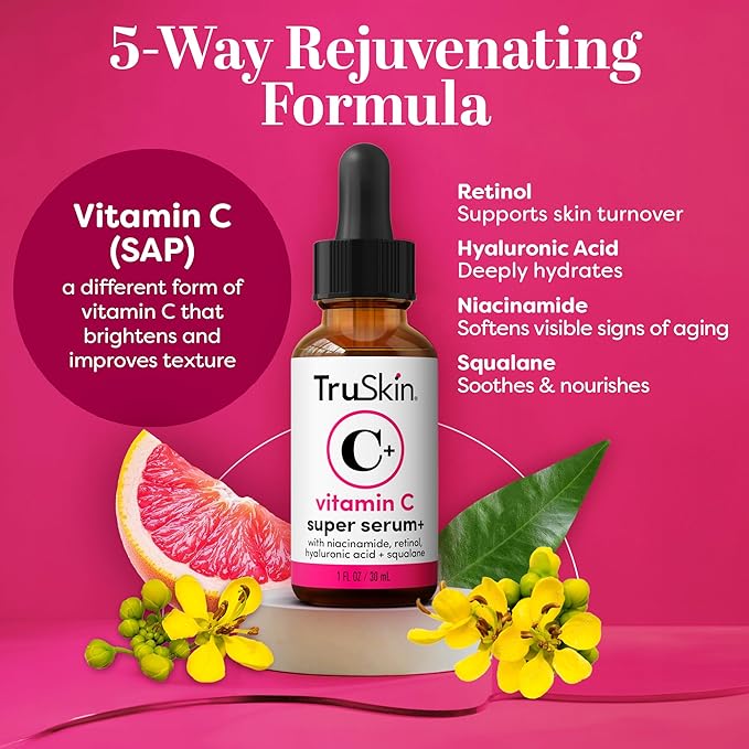 TruSkin Vitamin C Super Serum - Niacinamide, Retinol, Hyaluronic & Salicylic Acid - All-in-One Anti Aging Serum for Face β Improve Appearance of Dark Spots, Firmness for Brighter Looking Skin, 1 Fl Oz