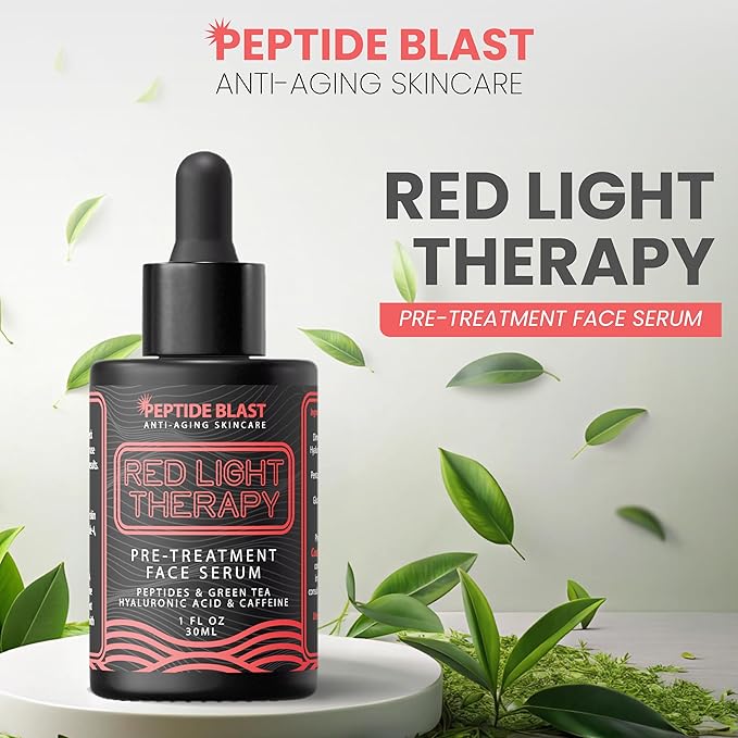 Peptide Blast Red Light Therapy Pre-Treatment Serum – With 6 Peptides, Green Tea Extract, Hyaluronic Acid & Antioxidants – 1 fl oz