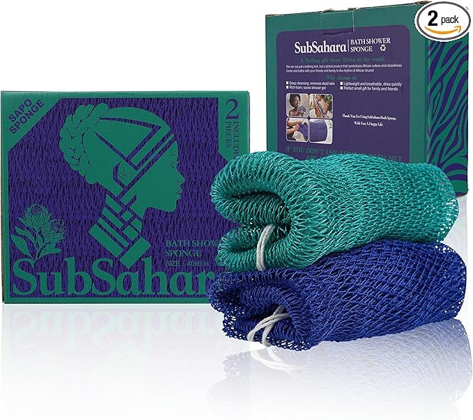 SubSahara Authentic African Net Sponge - 2 Pieces Exfoliating Scrubber for All Skin Types, Bath Sponge for Face & Body, Travel Portable, Durable, Gentle Exfoliation (Dark Blue & Forest Green)