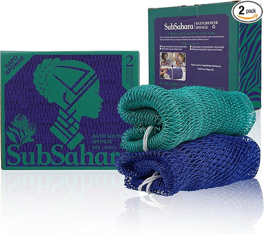 SubSahara Authentic African Net Sponge - 2 Pieces Exfoliating Scrubber for All Skin Types, Bath Sponge for Face & Body, Travel Portable, Durable, Gentle Exfoliation (Dark Blue & Forest Green)