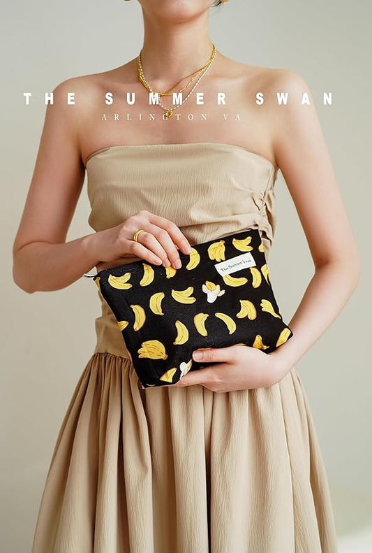 Banana Black Summer Swan | Large Floral Mid-day Clutch | Period Kit & Hygiene Skincare Bag