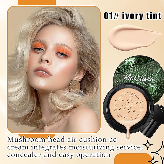 Mushroom Head Air Cushion CC Cream Foundation Makeup,Moisturizing BB Cream Face Makeup Liquid Foundation,Long Lasting Full Coverage Concealer for All Skin TypesοΌIvoryοΌ