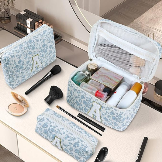 3 Pcs Travel Initial Quilted Makeup Bag set, Toiletry Personalized Floral Makeup Bag Birthday Gifts for teens girls and women, Cosmetic bags makeup organizer bag set-(J)