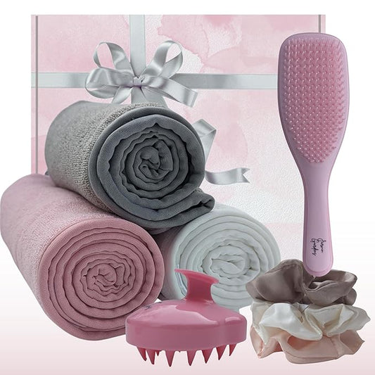 Hair Care Gift Set for Women – 8-Piece Spa Accessories Box with Detangler Brush, 3 Microfiber Towels, 3 Satin Scrunchies & Scalp Massager Shampoo Brush - Hair Styling & Self-Care Gift