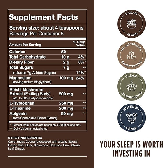 Calm Evening Tonic Sleep Powder - Cinnamon‑Cocoa Nighttime Superfood Drink Mix - Magnesium, L‑Theanine, Reishi Mushroom & L‑Tryptophan for Deep Sleep & Recovery, No Grogginess - 5 Servings