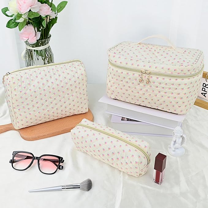 3 PCS Travel Makeup Bag Set, Large Cotton Make up Bag Quilted for Women, Floral Cosmetic Bag Toiletry Bag for Girls Cute Flower Toiletry Bag Travel Accessories Brushes Kawaii Stuff - Yellow and Flower