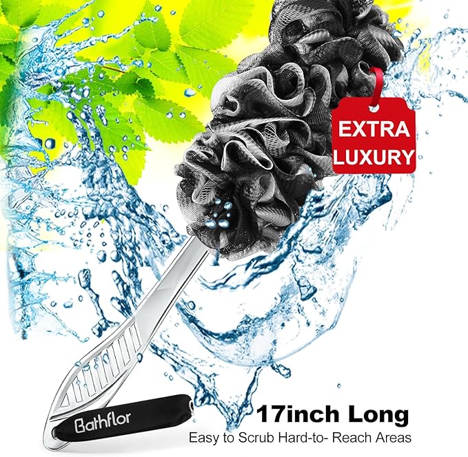 Loofah Sponge Exfoliating Body Scrubber: 4PCS Extra Large 80g Shower Loofahs Poufs, 1PCS Long Handle Loofa Back Scrubber, 1PCS Luffa Hook, Charcoal Loofah Pack for Women Men Bath Wash, Black