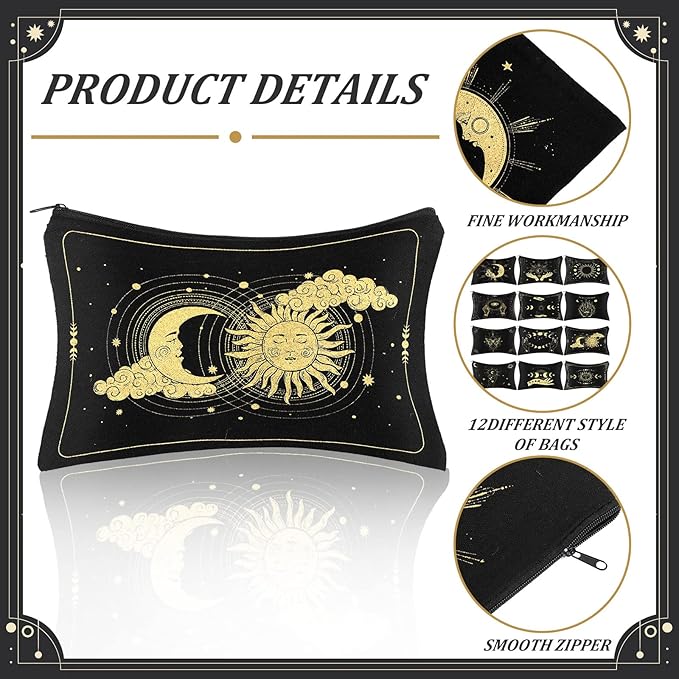 Kajaia 12 Pcs Witch Tarot Makeup Bags Cute Portable Travel Purse Toiletry Pocket Make up Organizer Storage Zipper Pouch Makeup Brush Cosmetic Bags for Women Adult Aesthetic Stuff