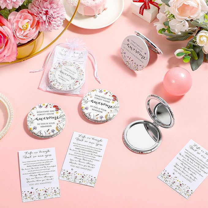 Geetery Inspirational Compact Mirror Gifts for Women Bulk Small Flower Makeup Pocket with Card Bag Double Sided Folding Mirror for Purse CNA Week Wedding Return Bridal Shower, 4 Styles(12 Sets)