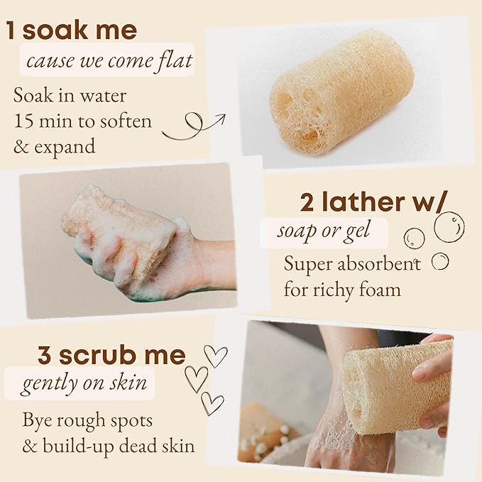 Natural Loofah Exfoliating Body Scrubber (Pack 4), Loofah Shower Sponge, Luffa for Exfoliating & Smooth Skin Cleansing, Women and Men, 100% Biodegradable Compostable, Dye Free
