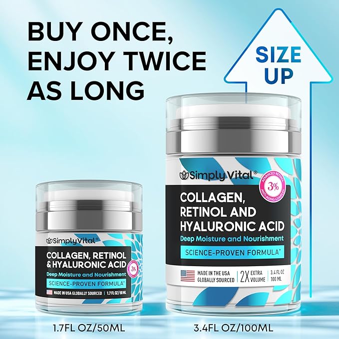 SimplyVital Collagen, Retinol & Hyaluronic Acid Cream - Anti-Aging Retinol Cream for Face, Neck & DΓ©colletΓ© - Made in USA - Daily Moisturizer Face Cream - 3.38 fl oz