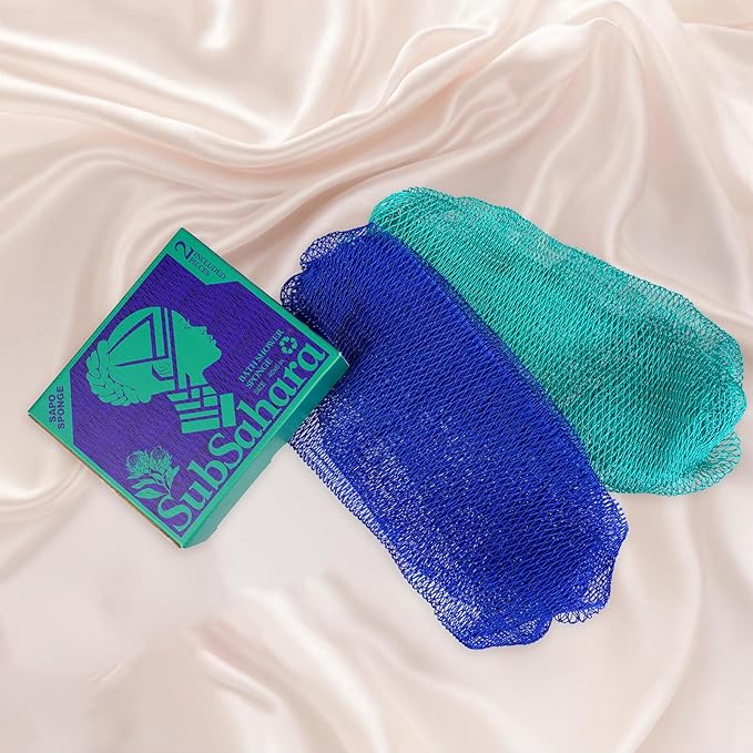 SubSahara Authentic African Net Sponge - 2 Pieces Exfoliating Scrubber for All Skin Types, Bath Sponge for Face & Body, Travel Portable, Durable, Gentle Exfoliation (Dark Blue & Forest Green)