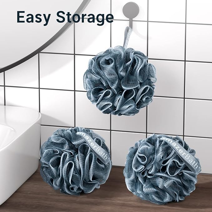 AmazerBath Loofah Sponge, Shower Loofah for Men and Women - Body Scrubber Loofa Set of 3 Indigo & White Edge, Bath Sponge 60g/PCS