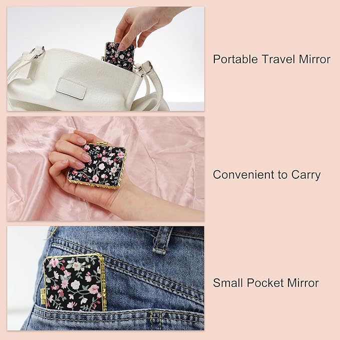 VOCOSTE Compact Mirror for Purses, Flower Pocket Square Mini, Floral Small for Purse, Vintage Folding Travel Portable for Women, Black