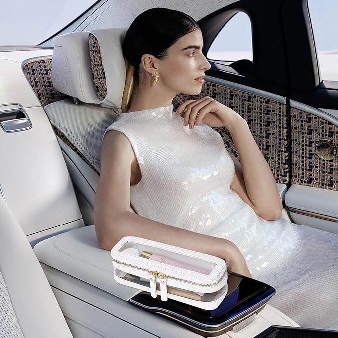 Makeup Brush Case Clear Travel Cosmetic & Toiletry Bag Slim Makeup Bag with Zipper Small Purse Organizer Car Essential Bag for Women (White, SLIM-1)