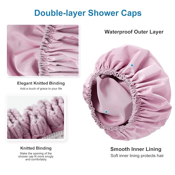 Shower Cap for Women Set of 4, 1 Double-Layer Waterproof Bath Cap + 3 Single-Layer Waterproof Shower Caps β Reusable Hair Protector, TPU Coated Elastic Bathing Cap for Women & Men - Purple