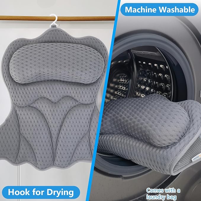 REEZEIVI Bath Pillows for Tub,Bath Pillow with 6 Non-Slip Suction Cups,Soft 4D Mesh Fabric,Bathtub Pillows for Tub Neck and Back Support,Extra Thick Luxury Bathtub Pillows,Grey