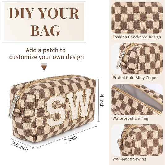 6 Pcs Preppy Makeup Bag Bulk Checkered Cosmetic Bag Brown Makeup Pouch Personalize Travel Toiletry Bag Organizer Cute DIY Makeup Brushes Storage Bag for Women
