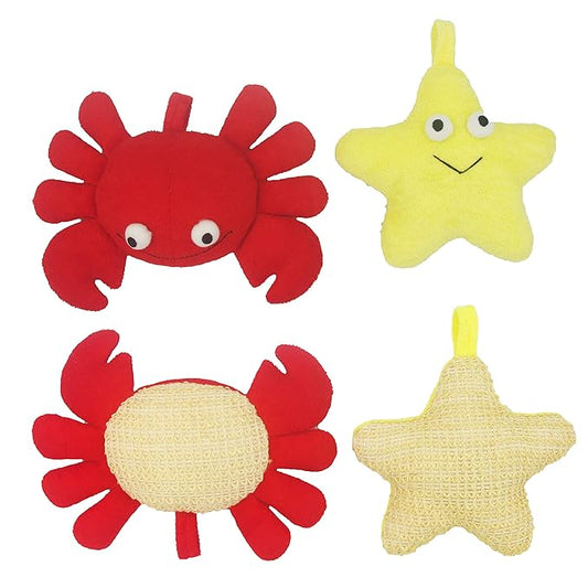 (2 Pack) Animal Body Scrubber Natural Linen Shower Ball for Toddler Kids Gentle Exfoliating Bath Sponge Loofah Pouf in Yellow Starfish Red Crab with Cute Big Eyes Design