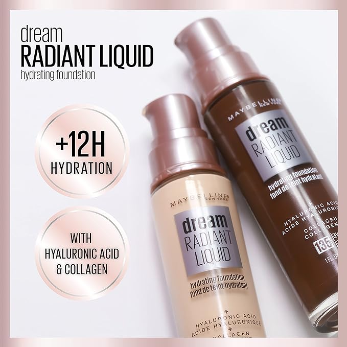 Maybelline Dream Radiant Liquid Medium Coverage Hydrating Makeup, Lightweight Liquid Foundation, Vanilla, 1 Fl; Oz
