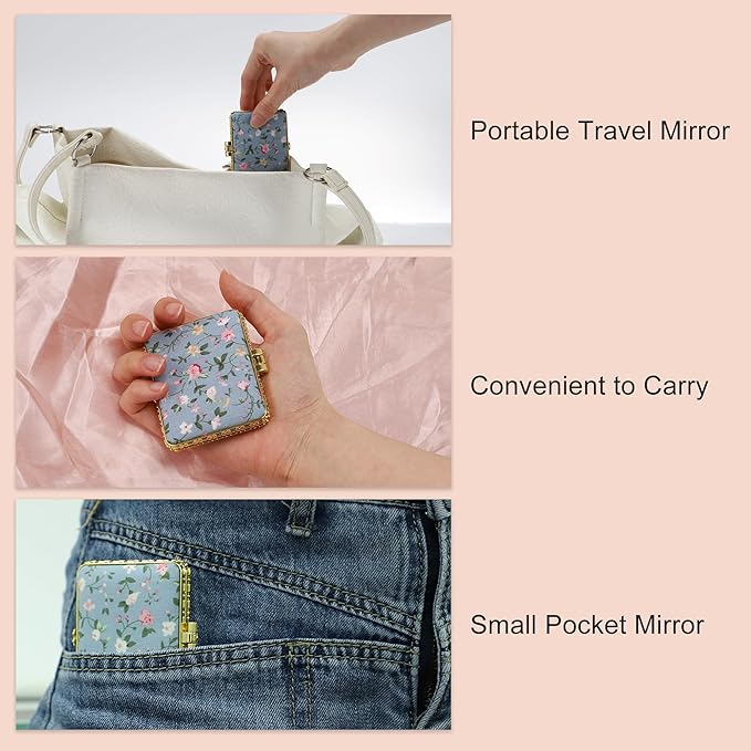 VOCOSTE Floral Compact Mirror - Folding Mini Travel Pocket Mirror for Women, Blue, Square