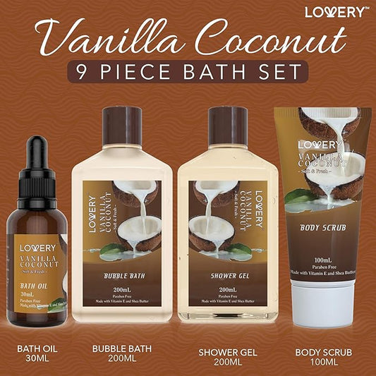 Bath and Body Gift Basket For Women and Men β 9 Piece Set of Vanilla Coconut Home Spa Set, Includes Fragrant Lotions, Extra Large Bath Bombs, Coconut Oil, Luxurious Bath Towel & More