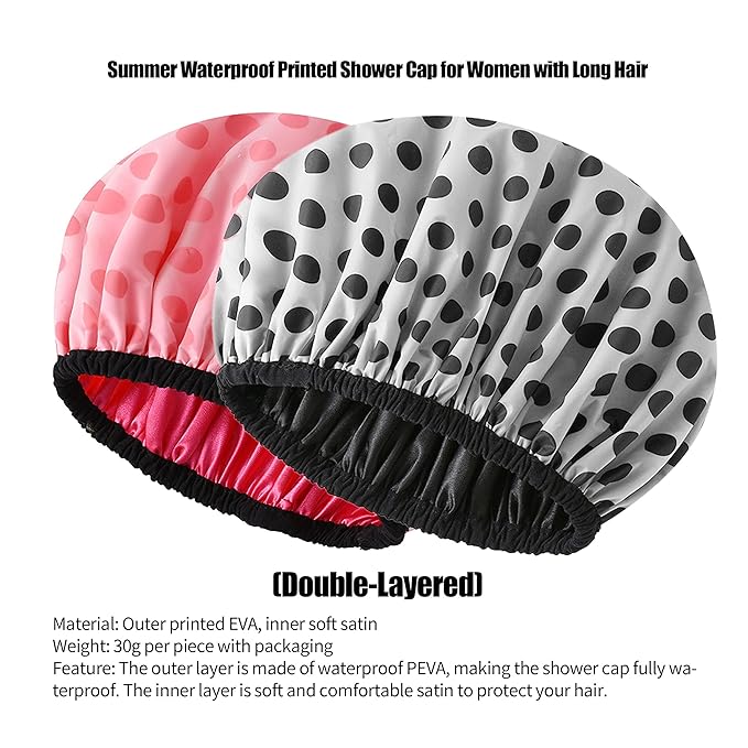 2 Pcs Shower Caps for Women Reusable Waterproof Double Waterproof Layers Bathing Hat large Shower Cap for Women (Black Red)