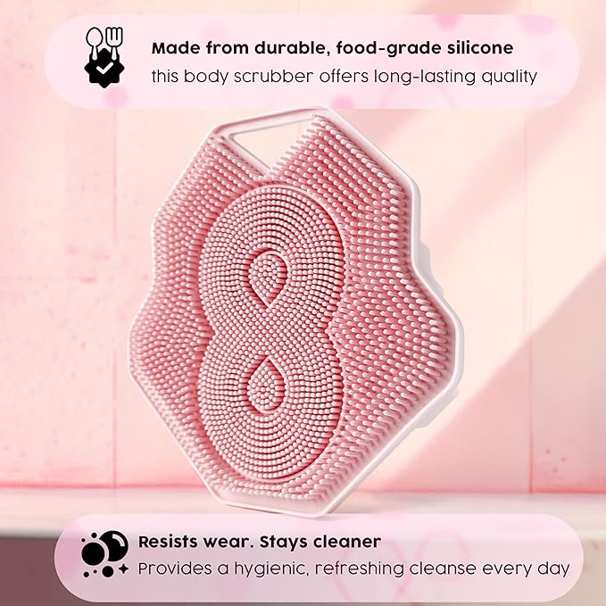 Lintach™ Silicone Body Scrubber – Gentle Exfoliating Body Scrubber – Ergonomic Shower and Bath Brush for Men and Women – Reusable and Food-Grade Silicone Brush for Smooth, Supple Skin, (Rose Pink)
