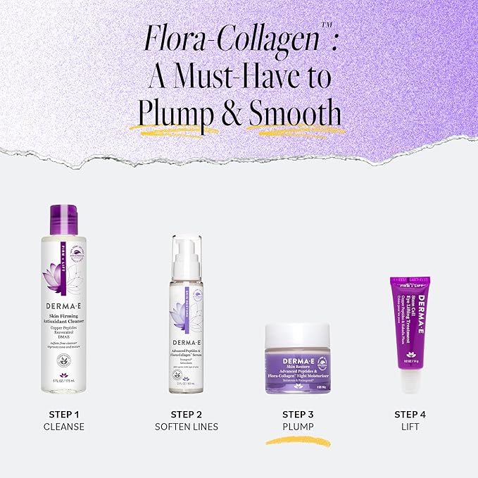 Derma E Advanced Peptides and Vegan Flora-Collagen Night Moisturizer β Hydrating Topical Facial Cream Improves Elasticity and Reduces Appearance of Lines and Wrinkles, 2 Oz