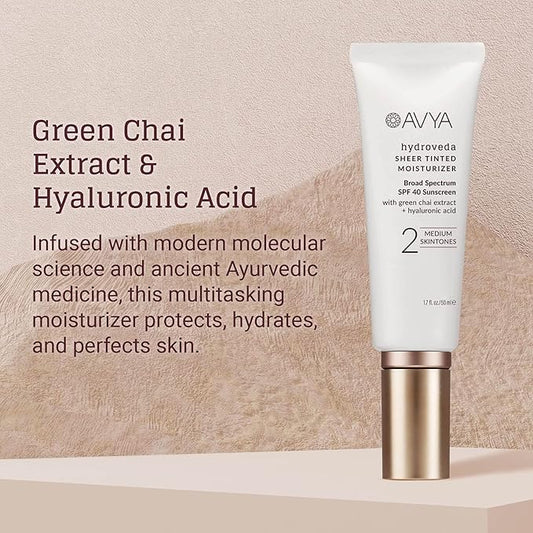 AVYA SPF 40 Sheer Tinted Moisturizer with Hyaluronic Acid & Green Chai β Advanced Ayurvedic Skincare Treatment for Balanced and Brighter Skin/Medium Skintones Shade #2 (1.7oz/50ml)