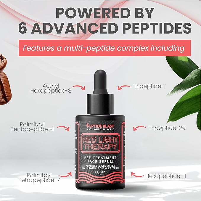 Peptide Blast Red Light Therapy Pre-Treatment Serum – With 6 Peptides, Green Tea Extract, Hyaluronic Acid & Antioxidants – 1 fl oz