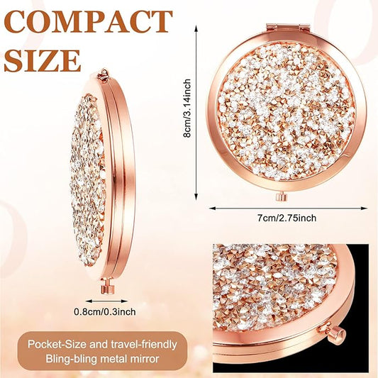Cindeer 100 Pcs Small Compact Mirror Folding Pocket Makeup Round Hand Held Cosmetic Magnifying Compact Rhinestone Mirror with 1X/2X Magnification for Women Girls Travel (Cute Colors)
