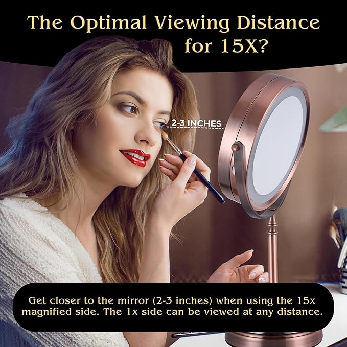 MIRRORVANA Lighted Make Up Mirror with 15X Magnification - 15X & 1X Double Sided LED Makeup Mirror with 3 Lighting Modes, Rechargeable Battery with USB Cable - 8" Wide & 15" Tall (Antique Bronze)