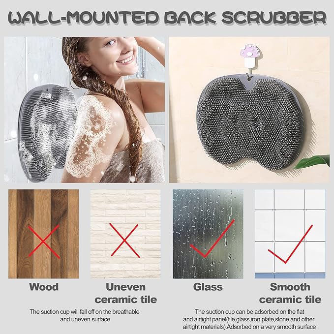 YVPSI Shower Foot & Back Scrubber, Wall Mounted Massage Pad, Silicone Bath Massage Cushion Brush with Suction Cups for Body Scrubber Improve Foot Circulation & Soothes Tired Feet (Grey)