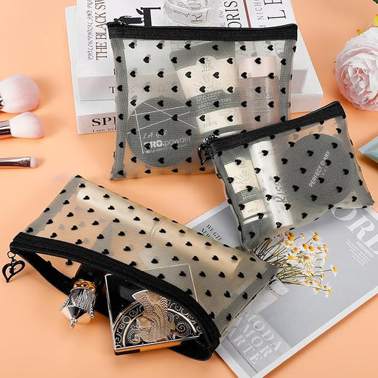 6 Pack Mini Zipper Mesh Makeup Bags, Heart Print Nylon Cosmetic Bags Toiletry Bags for Office Travel Organization (Beige, XS)