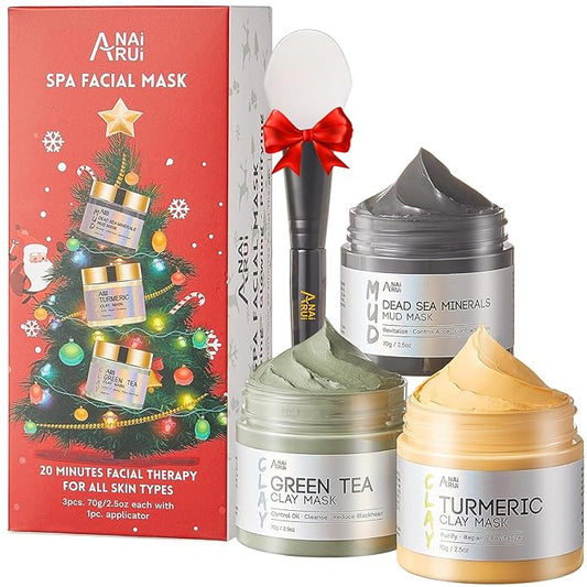 ANAI RUI 3 Pack Face Mask Gift Set,Christmas Facial Mask Set,Turmeric Clay Mask - Green Tea Mud Mask - Dead Sea Minerals Mud Mask Stocking Stuffers for Women &Teen Girl 2.5 oz each
