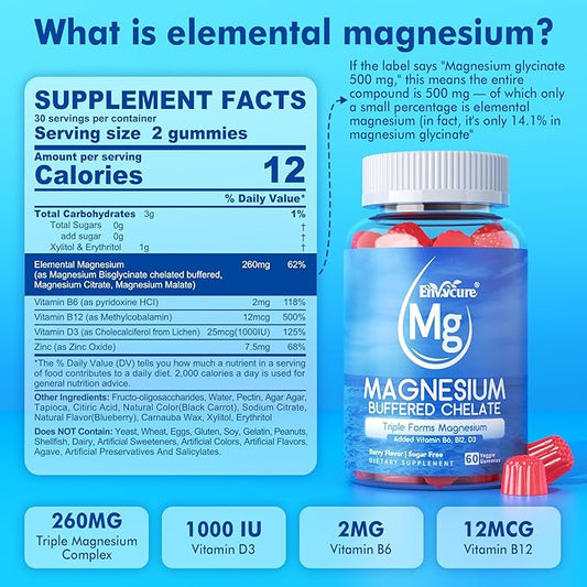 Magnesium Gummies - Triple Magnesium Complex, Magnesium Glycinate Gummies | Magnesium Glycinate, Malate, Citrate w/ D3 B6 B12, for Calm, Sleep & Muscle Cramp | High Absorption | Vegan, 2 Pack
