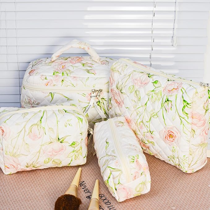 4Pcs Quilted Makeup Bag Set Cute Floral Cosmetic Bag Cotton Coquette Make up Bag Aesthetic Travel Toiletry Bag for Women Girls