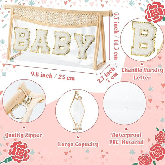 Boho Patch Cosmetic Bag - Summer Gifts BABY Chenille Varsity Letter Toiletry Kit Beige Clear Waterproof Travel Makeup Bag PVC Zipper Clutch Daily Use Purse for Mom Women Girls Wife