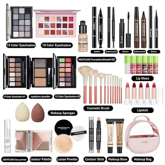 All In One Makeup Kit, Travel Makeup Kit, Makeup Gift Set, Makeup Kit for Women Full Kit, Makeup Bundle Includes Foundation Eyeshadow Palette Lipstick Eyeliner Mascara Contour Stick Cosmetic Brush Set