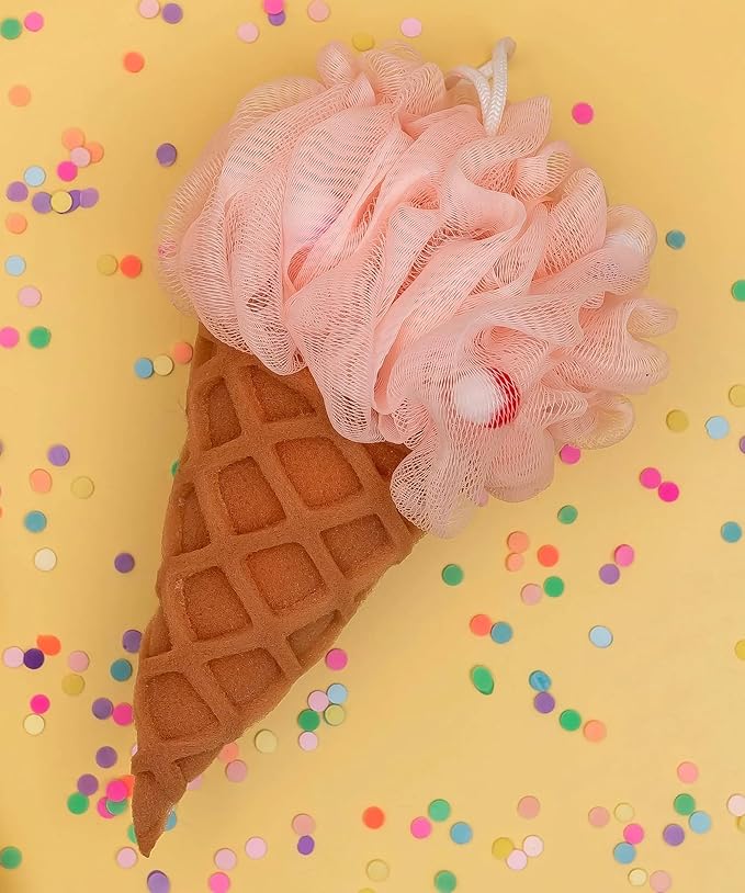 Cute Deep Cleansing Body Pouf Loofa Scrubber for Bath and Shower, Soft Sponge with Mesh, Pink Ice Cream Cone
