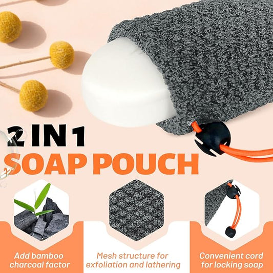 MIG4U Exfoliating Soap Bag for Shower 2 Pieces - Bar Soap Saver Pouch, Bamboo Body Scrubber Exfoliator Pocket in Travel Bathing, Grey, Double Layer