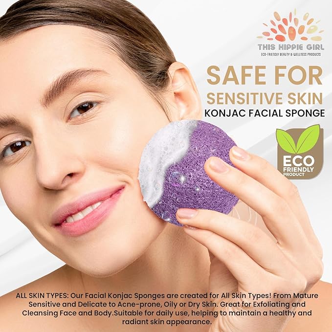 This Hippie Girl | Konjac Exfoliating Organic Facial Sponge | Plant Based Gentle Exfoliating Face Scrubbie | Safe for Sensitive Skin | Amethyst Purple (Purple)