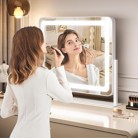 19.6"x15.7" Vanity Mirror with Lights, Large Lighted Mirror, LED Makeup Mirror with 3-Color Dimmable Modes and Smart Touch Control, Perfect for Desk or Bedroom, Vanity Desk Tabletop Makeup, White