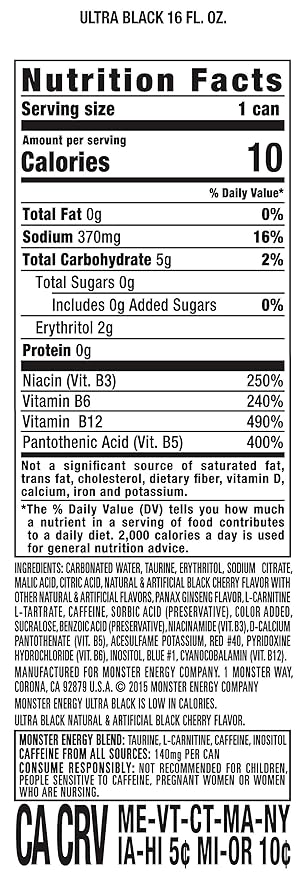 Monster Energy Ultra Black, Sugar Free Energy Drink, 16 Ounce (Pack of 15)