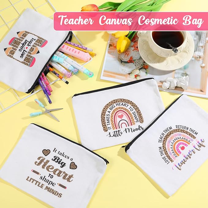 12 Pcs Teacher Gifts Makeup Bags Teacher Appreciation Travel Toiletry Canvas Cosmetic Pencil Survival Kit Bag for Women Zipper Pouch Bag Thank You Gifts Bulk (Rainbow and Pencil)