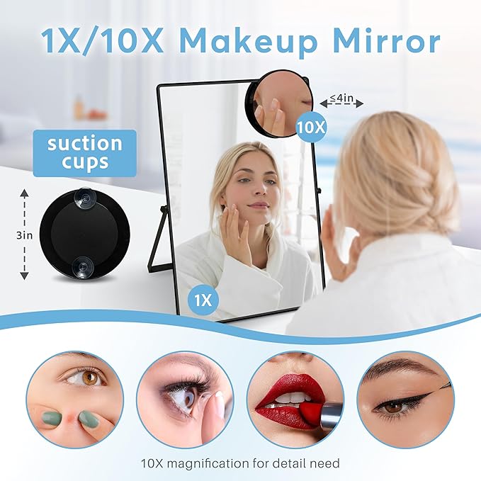Desk Mirror, Tabletop Vanity Mirror, 360°Adjustable Rotation Vintage Metal Framed Table Mirror with Stand and 10X Magnifying, Room for Living Room, Bedroom, Tabletop, Bathroom (Black Rectangle)