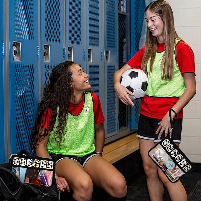 4 Pcs Soccer Bags Gifts Chenille Letter Makeup Bags with 4 Pins Preppy Clear Cosmetic Bag Waterproof Zipper Pouch for Girls Soccer Mom Player Lover Coach