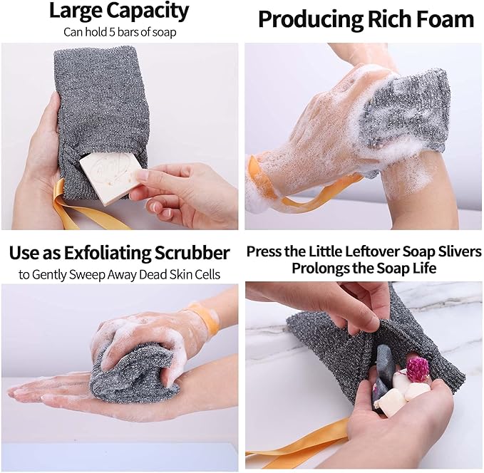 Antimbee 6-Pack Soap Pocket Exfoliating Soap Saver Pouch, Body Scrubber Rough Sponge Exfoliator for Bath or Shower, Gray Mesh Bar Soap Foam Lather Pouch